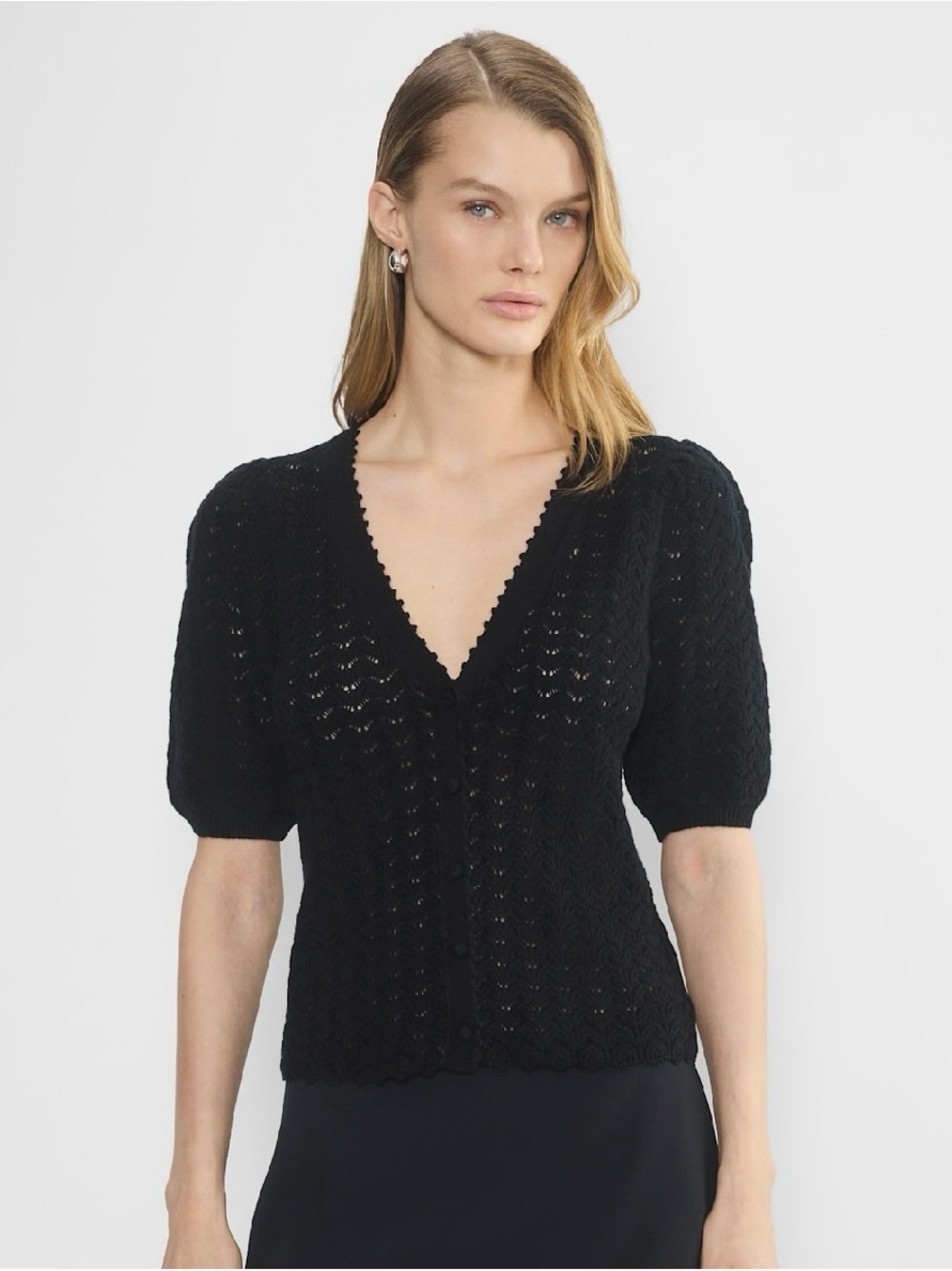 Wilfred Fisk Black V-Neck Short Sleeve Knit Cardigan - Women's Sweater